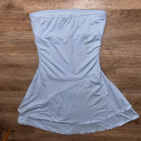 Fashion Nova Trixie Strapless Mini Dress Blue Ruched Tiered Size L NWOT - Picture 7 of 9